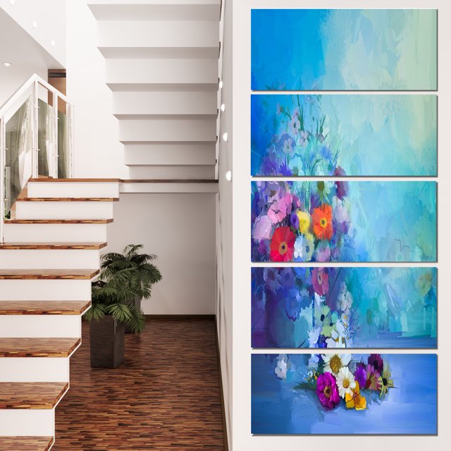 Little Flowers on Blue Background - Large Floral Canvas Artwork