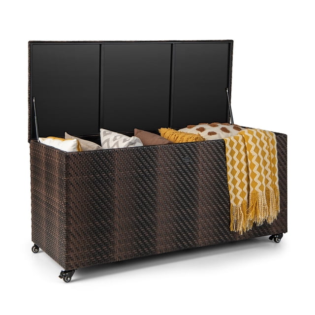 Outdoor Rattan Deck Box, 96 Gallon PE Wicker Patio Storage Box with Wheels and Liner - Multifunctional Storage for Patio Furniture Cushions, Garden Tools, and Pool Accessories