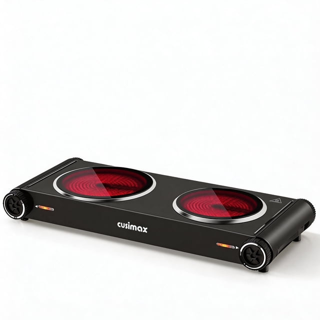 CUSIMAX 1800W Portable Double Burner Hot Plate,Electric Stove with Adjustable Temperature Control, Ceramic Glass Infrared Cooktop, Compatible with All Cookware