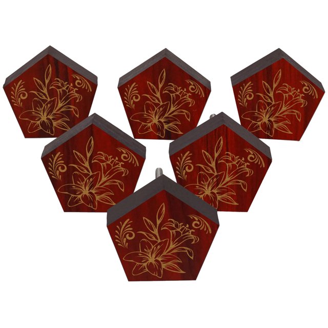 IBA Indianbeautifulart Boutons Rouges Gravés Boutons de Garde-Robe en Bois Tirette de Tiroir d'Armoire 10 Pcs