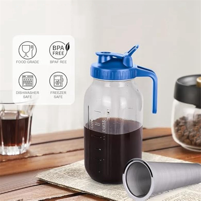 Cold Brew Coffee Maker,64oz Wide Mouth Mason Jar Pitcher with Filter,Pour Spout Handle Lid,Leak-Proof Pitcher