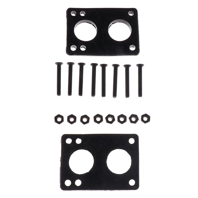 Skateboard Shock Riser Pads Longboard Screw Skateboard and 6mm set, featuring two black rubber riser pads with pre-drilled holes, eight screws, and eight matching nuts. Designed for shock absorption and durability, suitable for most skateboards and longboards. Dimensions: 7.5 x 5.3 cm (2.95 x 2.09 inches).