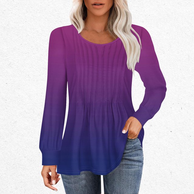 RXIRUCGD T-Shirts à Manches Longues Dégradés pour Femmes, Décontractés, Mode, Amples, Plissés, Col Rond, Violet, Taille : 2TG