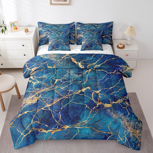 YST Marble 7 Pcs Comforter Set, Geometric Sheet Set Bed In A Bag Twin Size, Golden Stone Pattern Duvet Set Turquoise Quilt Set For Men Women Abstract Trippy Blue Sheets