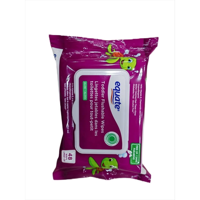 Toddler Flushable Wipes by Equate in purple packaging with a white resealable lid, featuring a cartoon green turtle, containing 48 hypoallergenic wipes with vitamin E, chamomile, cucumber, and aloe, free of parabens, phthalates, and alcohol, designed for gentle cleansing and safe flushable use.