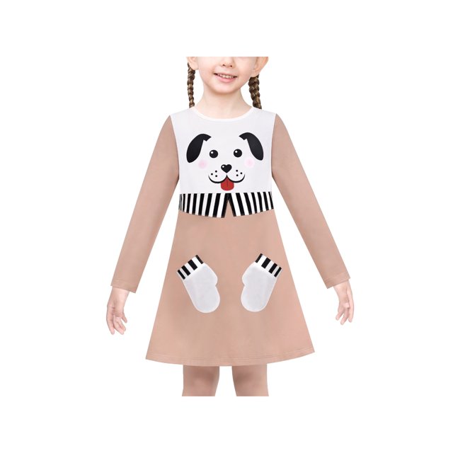 Robe Fille Beige Cartoon Dog Poche Manches Longues Coton Décontracté 6 Ans