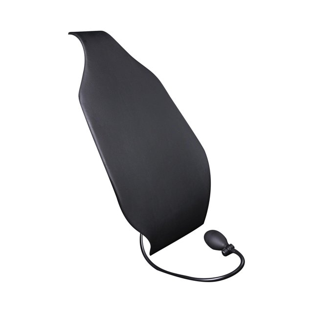 jinwen Car Lumbar Support Cushion in black PU leather, featuring an ergonomic inflatable design with a manual air pump for adjustable support. The cushion measures 80cm x 32cm, includes anti-slip properties for secure placement, and offers easy installation. Suitable for most cars, trucks, and SUVs.