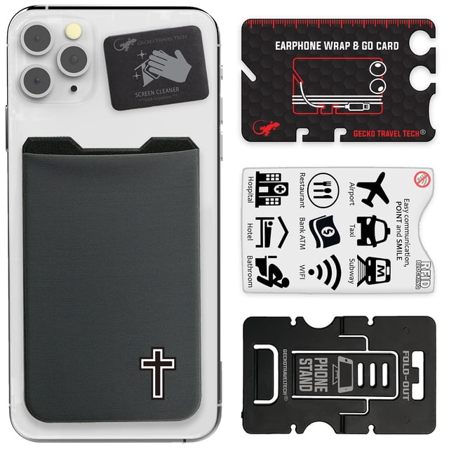 Gecko Travel Tech Phone Wallet in CROSS GRAY design, a stick-on adhesive card holder made of durable Lycra with an extra secure pocket strap for cards and cash. Features advanced PU Gel adhesive for universal compatibility with any phone model, including glass-backed phones. The set includes a phone stand holder, RFID card sleeve, earphone untangler, and three microfiber screen cleaners. Ideal cellphone accessory for securely storing valuables.