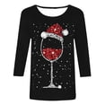 thumbnail image 4 of Hauts pour Femmes Noël Verre de Vin Rouge Imprimé Col Rond Manches Trois Quarts T-Shirts Surdimensionnés pour Femmes Noir m, 4 of 4