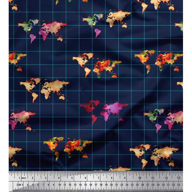 Soimoi Blue Moss Georgette Fabric Check & World Map Print Fabric by the Yard 42 Inch Wide