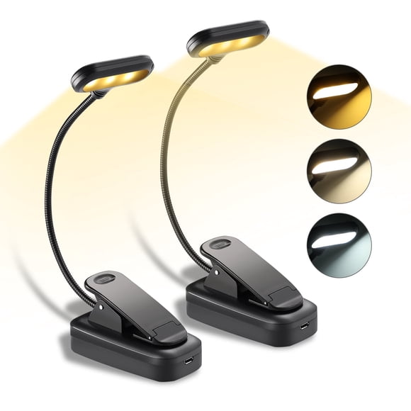 Anpro Lot de 2 Lampes de Lecture Rechargeables 6 LED, 3 Niveaux de Luminosité Éclairage et 3 Températures de Couleur, jusqu'à 40 Heures de Lecture, Lampes de Lecture Légères à Pince pour Livres au Lit