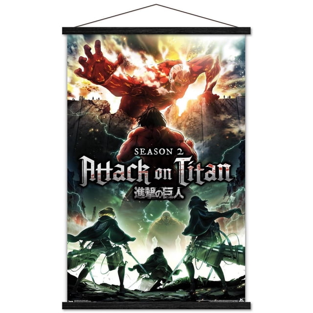 Attack on Titan - Affiche Murale Teaser de Saison 2, 22,375 Pouces x 34 Pouces Représentant une Scène d'Anime Haute Résolution avec un Titan Rouge Massif Qui Se Renverse sur un Mur, Affrontant Trois Personnages Capuchonnés Armés d'Épées et d'Équipement de Manœuvre, Se Dressant contre un Ciel Orageux avec des Éclairs et des Ruines, Idéale pour la Déco de Chambre à Thème anime et Facile à Accrocher avec des Montures Adhésives Incluses.