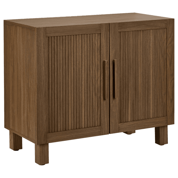 Bouclair Walnut Wood Veneer Fluted Two Door Sideboard Cabinet with 2 Interior Shelves