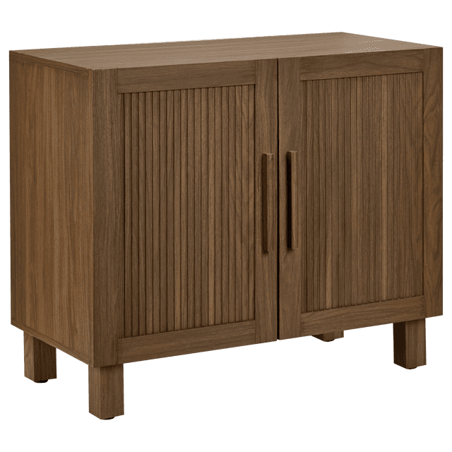 Bouclair Walnut Two Door Buffet with ribbed walnut doors and vertical handles, solid wood construction, and warm walnut finish, ideal as a sideboard or kitchen storage with spacious interior for organizing essentials.