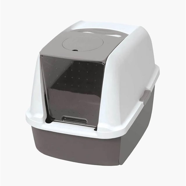 Catit Airsift Bac à Litière Cat Litter à Capuchon, Format Régulier, avec un Capuchon Blanc et une base Gris Foncé, Doté d'Une Porte avant Gris Foncé Translucide et d'Un Compartiment Supérieur Circulaire pour le Tapis de Filtre Airsift, Conçu pour un Ramassage Facile et le Contrôle des Odeurs dans la Gestion Cat Litter.