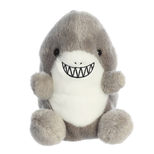 Aurora Adorable Palm Pals Chomps Shark stuffed animal, a 5-inch plush toy in gray with a soft, fluffy texture and bean pellets for stability. Features a smiling shark design with embroidered teeth and small black eyes, perfect for on-the-go play and pocket-sized fun.