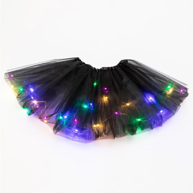 Women 3 Level Mesh Tulle Skirt Princess Skirt with LED small bulbs, designed with a black three-layered tulle fabric and multicoloured LED lights. This mini skirt features an ultra-stretchy elastic waistband, fits most sizes, and is above knee length. Ideal for casual, party, or theatrical occasions. LED lights have flashing and off settings.