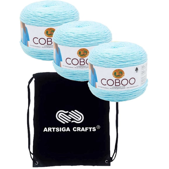 Lion Brand Coboo Ice Blue 835-106 (3-Skeins - Same Dye Lot) DK Light Worsted #3 Cotton Bamboo Yarn for Crocheting and Knitting with Project Bag
