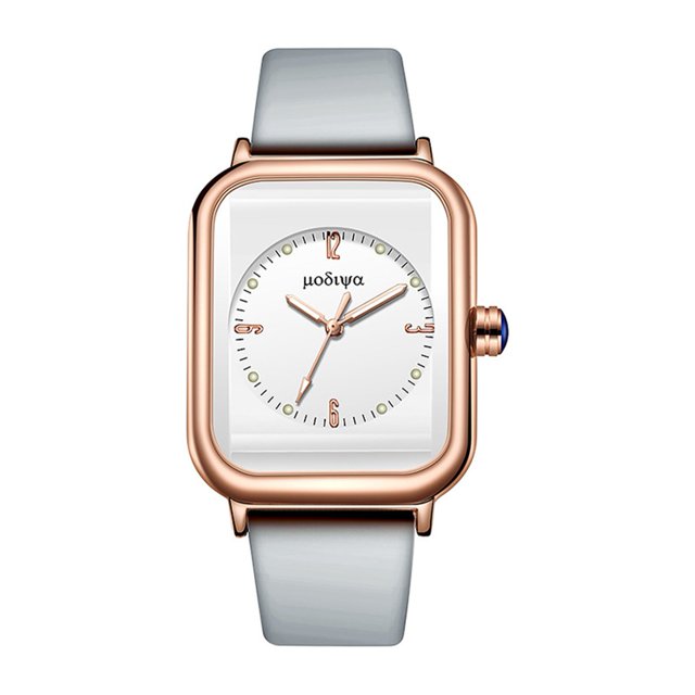 Women Watch Ladies Quartz Watch with a square dial encased in rose gold alloy and paired with a grey silicone adjustable strap. Features luminous hands for night light visibility and high-accuracy quartz movement for precise time-checking. A sweet wristwatch suitable for casual and formal occasions.