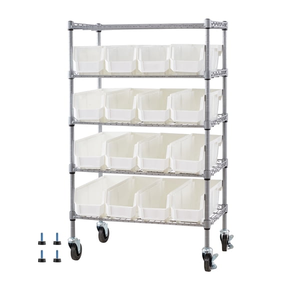 KFFKFF 5-Tier Rolling Bin Storage Rack, 16 Organizer Bins, Bin Rack Storage Steel Wire Shelving System with Wheels, Mobile Tool Organizer