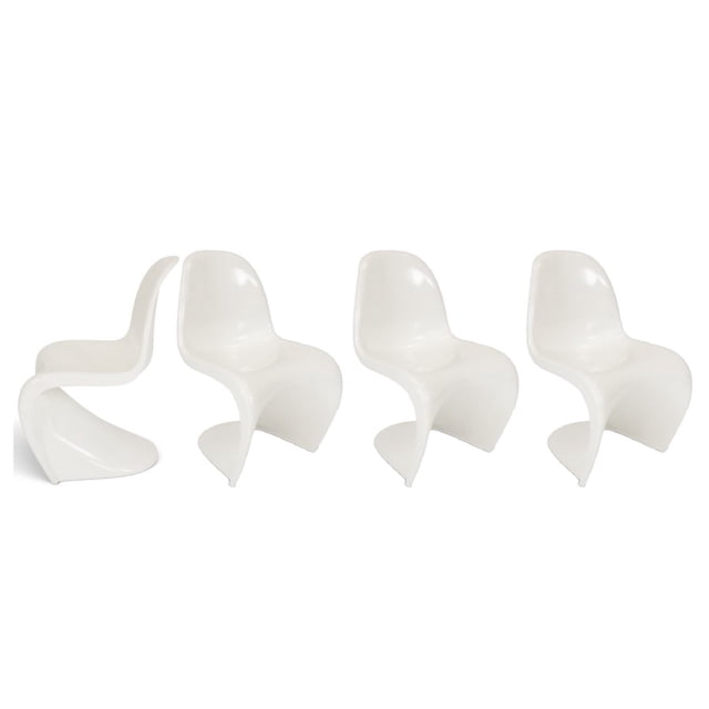 Heavenly Collection Shinny Plastic Dining Chairs SET OF 4 with four white armless chairs made of sturdy polypropylene plastic, featuring an ergonomic curved seat and backrest for comfort, measuring 33.5" high, 19.25" wide, and 21" deep, suitable for kitchen and dining seating and often used as modern occasional chairs.