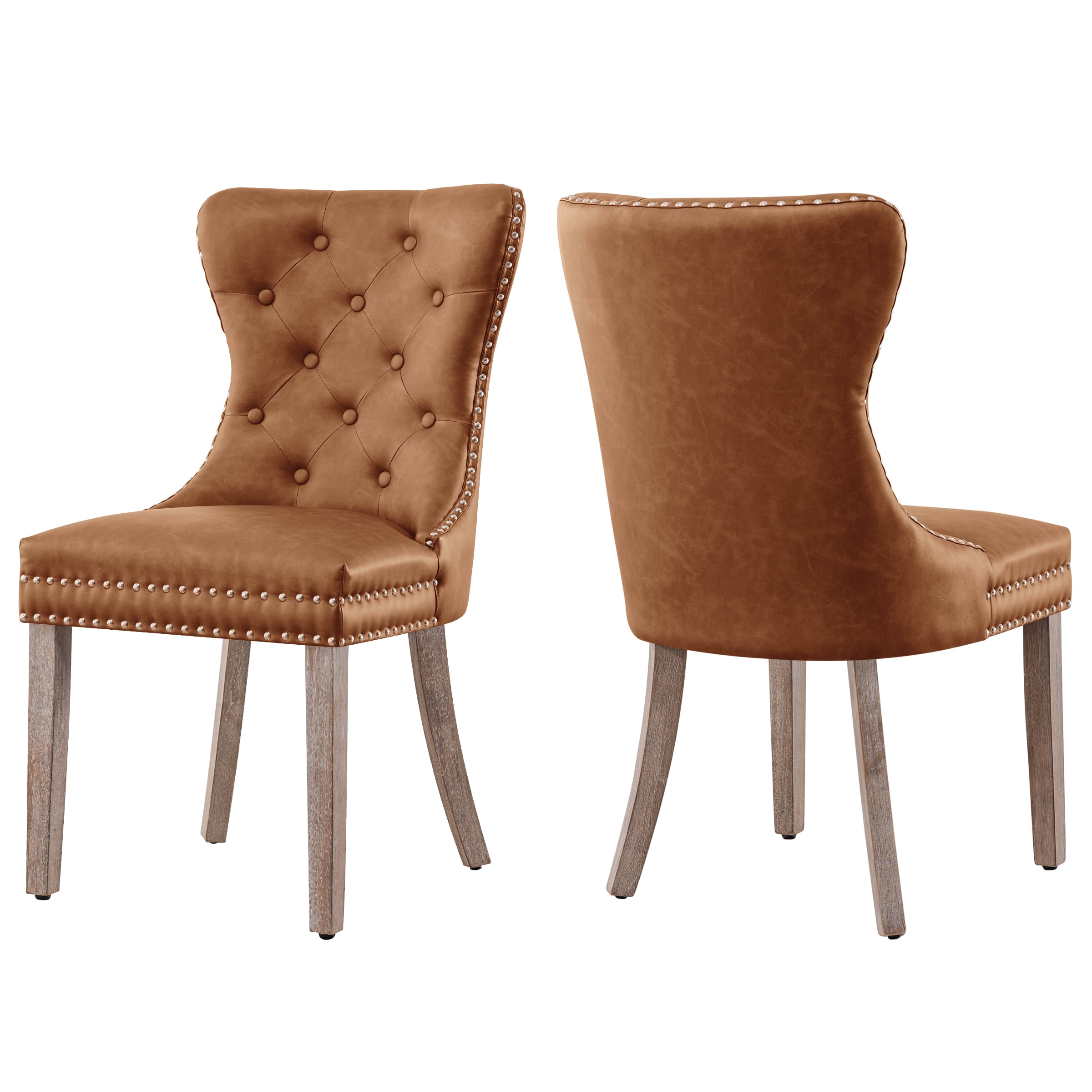 Subrtex Leather Button Anchor Studded Indoor Dining Chair, Brown (Set of 2)