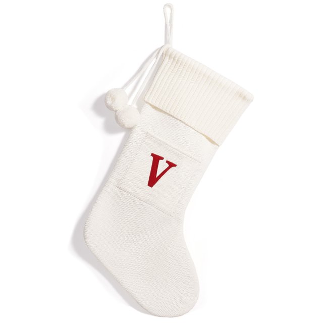 Christmas Knitted Stocking With Personalised Alphabet Knitting Gift Letter Initial White V