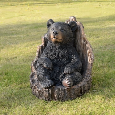 Ours Noir Assis dans une Souche Statue de Jardin