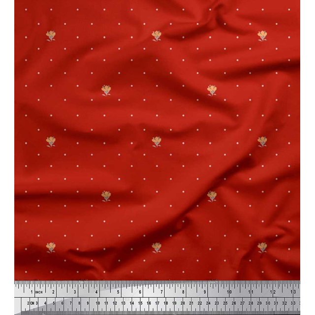 Soimoi Polyester Crepe Fabric Artistic Flower & Dots Printed Fabric 1 Yard 42 Inch Wide