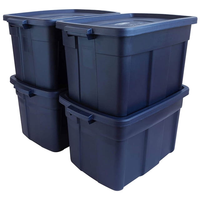 Rubbermaid Roughneck Contenant de Rangement Empilable de 25 Gallons, Lot de 4. Quatre Bacs de Rangement Métalliques indigo Foncé au design Robuste, Dotés de Couvercles Qui Restent Hermétiques et de Poignées Intégrées pour un Transport Facile. Chaque Contenant Est Fait de Polyéthylène Résistant aux Impacts, Convient aux Températures de 0 à 110 Degrés Fahrenheit. Idéal pour Ranger des Outils, des Décorations, de l'Équipement de Sport et Plus. Conception Empilable pour un Rangement Efficace.