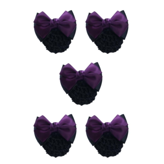 Decodeary Professional Hair Plate Mesh Pocket Practical Snood Net Elegant And Professional Two Bows-dark purple 5Set