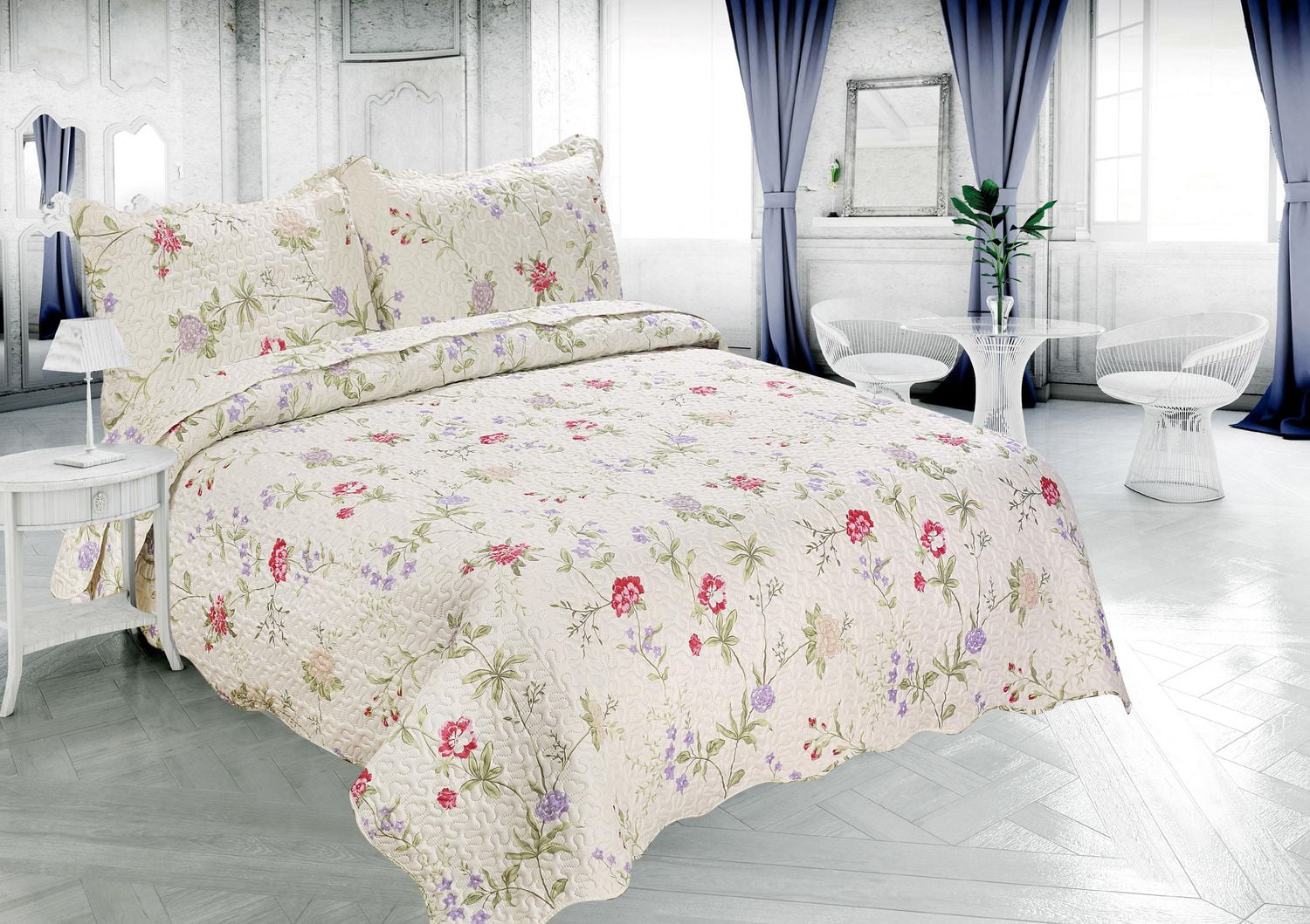 Marina Decoration Couvre-lit Pinsonic imprimé en relief ultra doux avec taies d'oreiller, motif floral clair rose vert rouge violet crème