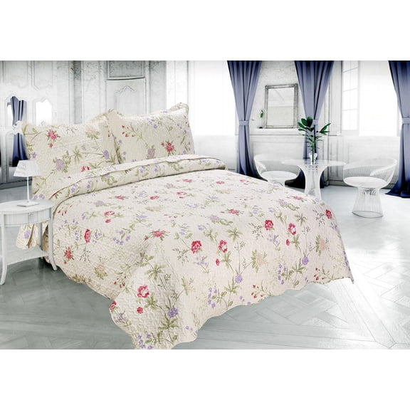 Marina Decoration Rich Printed Embossed Pinsonic Coverlet Bedspread Ultra Soft Bedding Summer Quilt Set with Shams, Light Floral Pattern Pink Green Red Purple Cream Color