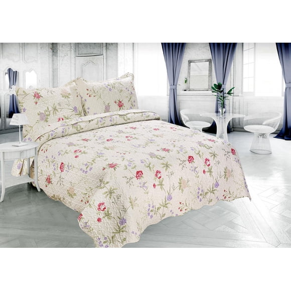 Marina Decoration Rich Printed Embossed Pinsonic Coverlet Bedspread Ultra Soft Bedding Summer Quilt Set with Shams, Light Floral Pattern Pink Green Red Purple Cream Color