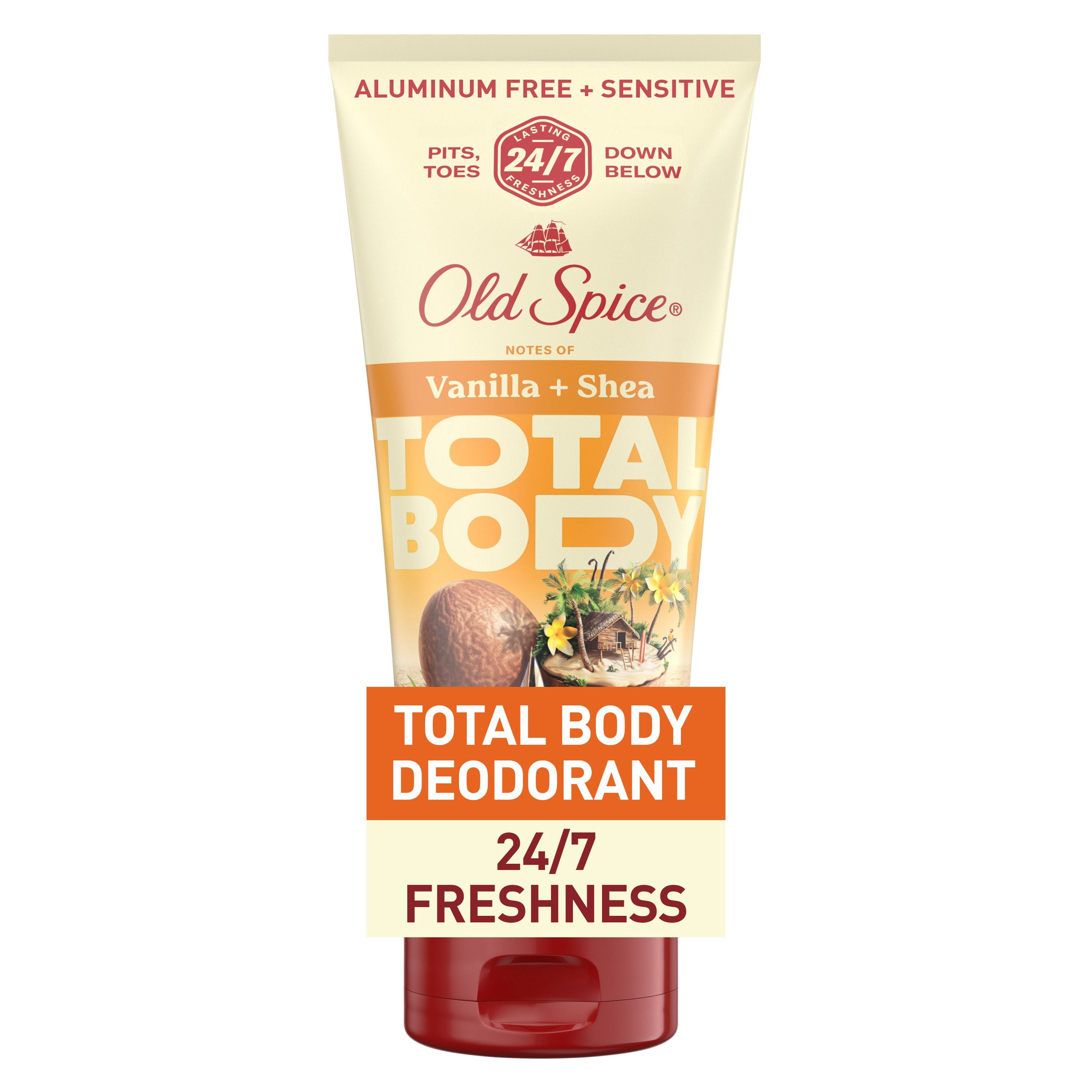 Désodorisant pour l’ensemble du corps Old Spice sans aluminium en crème, vanille et karité, fraîcheur 24/7, des aisselles aux orteils et sous la ceinture // Désodorisant pour l’ensemble du corps testé