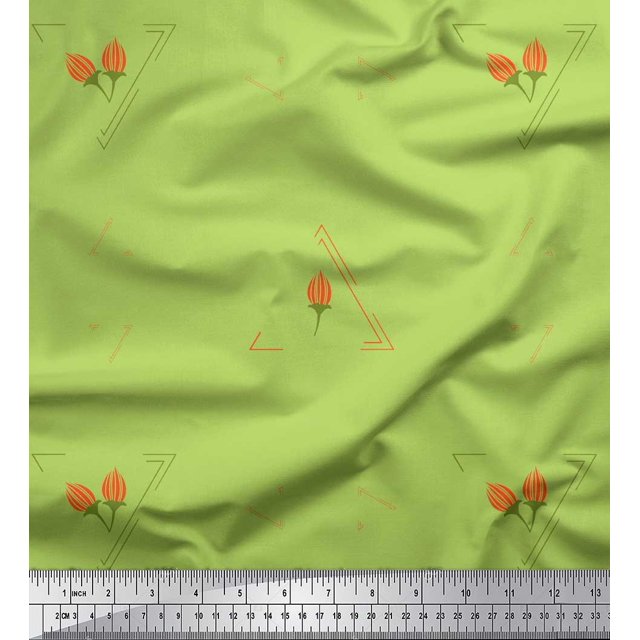 Soimoi Green Heavy Canvas Fabric Flower Buds & Triangle Geometric Print Sewing Fabric Yard 58 Inch Wide