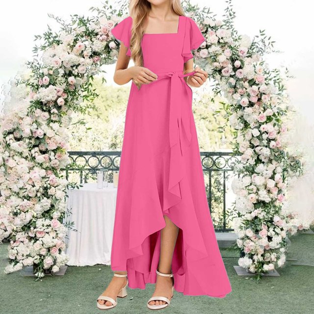 XIMIN Girls Plus Size Square Neck Solid Color Chiffon Bridesmaid Dresses Formal Cocktail Party Dresses with Sleeves Ruffle High Low Evening Formal Dress