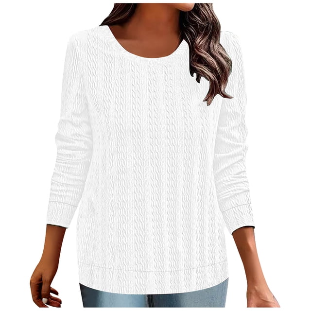 AherBiu Womens Long Sleeve Tops Crewneck Pullover Spring Sweater Top T Shirts Solid Color