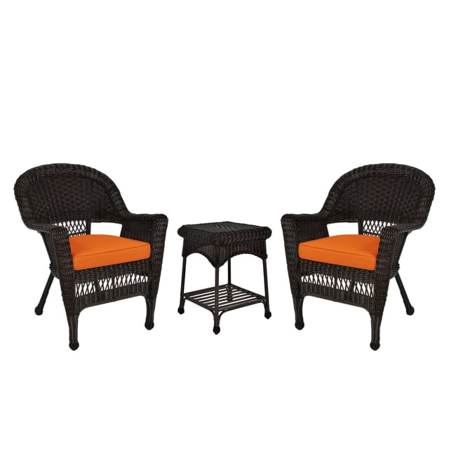 Jeco 3 Piece Wicker Conversation Set in Espresso with Orange Cushions