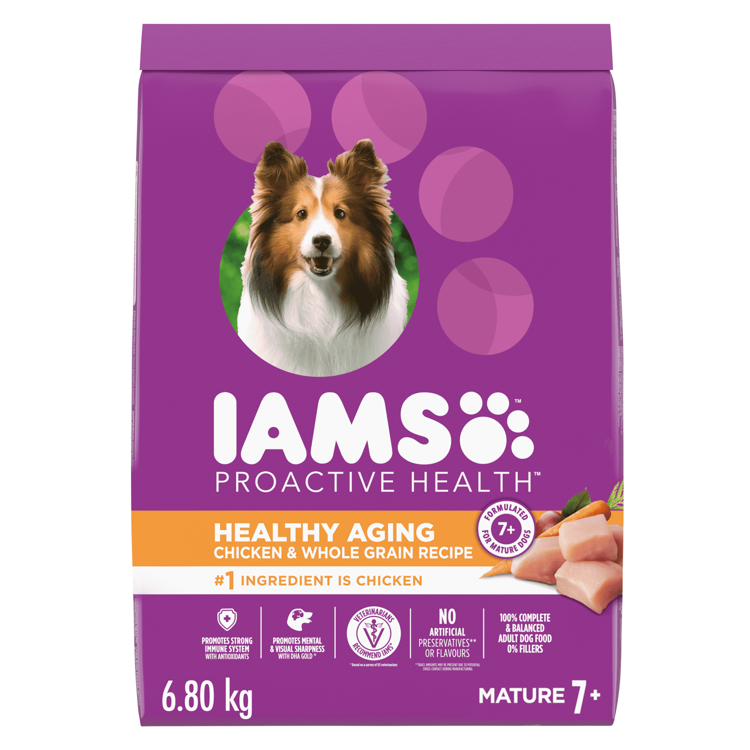 Iams Proactive Health Vieillissement en Santé Sénior Adulte Nourriture Sèche pour Chien Recette au Poulet & Grains Entiers 6.8KG