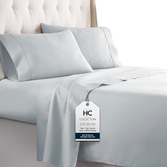 HC COLLECTION Full Size Bed Sheets, 4 pc Bed Sheets & Pillowcases Set - Machine Washable for Easy Care - Soft & Breathable All Season Microfiber Sheets with Deep Pockets - Ice Blue