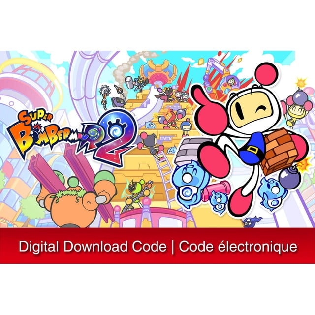 SUPER BOMBERMAN R 2 - Nintendo Switch digital download code cover art featuring the main Bomberman character in white with red gloves and boots holding a brick block, surrounded by blue bomb characters, set against a vibrant futuristic cityscape with multiple Bomberman figures and the colorful game logo.