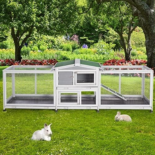 YODOLLA 94.5 Inch Wooden Rabbit Cage with Removable Tray, 8 Easy-Roll Wheels & Anti-Slip Ramp, Large Bunny Hutch for Guinea Pigs and Small Animals
