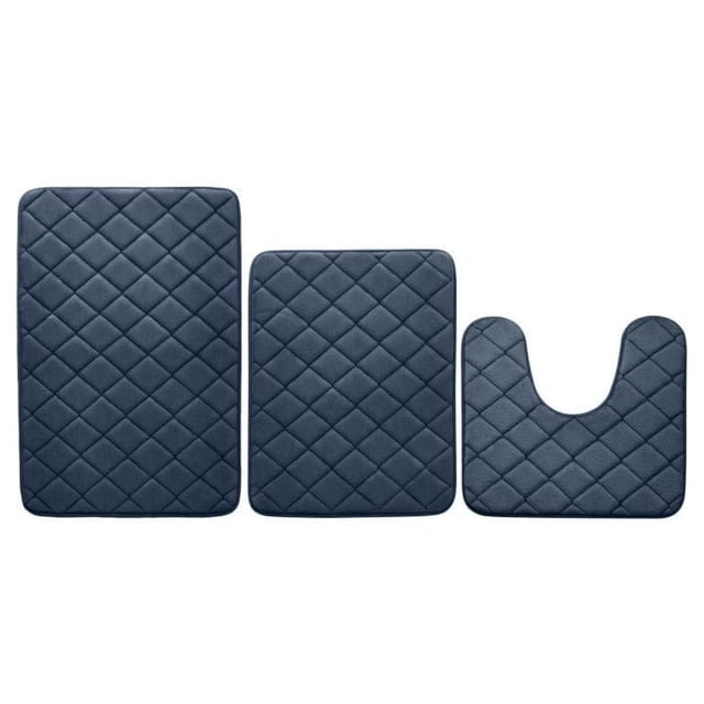 Mainstays Ensemble de Tapis de Bain en Mousse Mémoire Bleu Marine avec Trois Tapis Matelassés en polyester Dotés de Mousse Mémoire Rembourrée et d'Un Dessous Antidérapant, Incluant un Tapis Rectangulaire 17x24 Pouces, un Tapis Rectangulaire 18x30 Pouces et un Tapis contour en U 18x18 Pouces Idéal pour les Planchers de Salle de Bain et Autour des Toilettes.