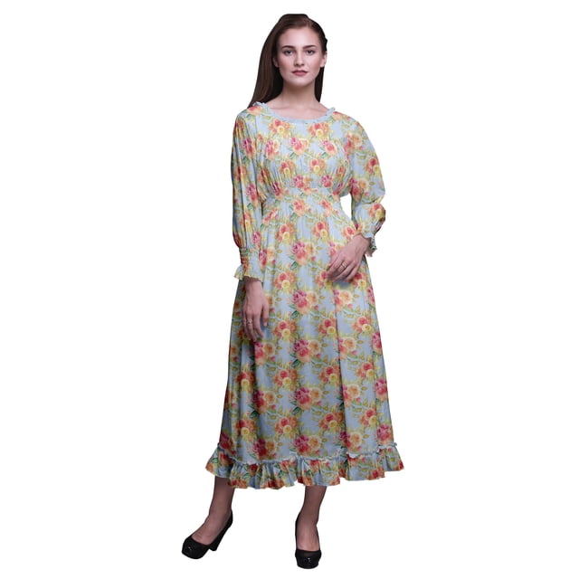 Bimba Robe Florale pour Femme à Manches Longues, Smockée, Col Rond, à Volants, Été, Maxi-Petit