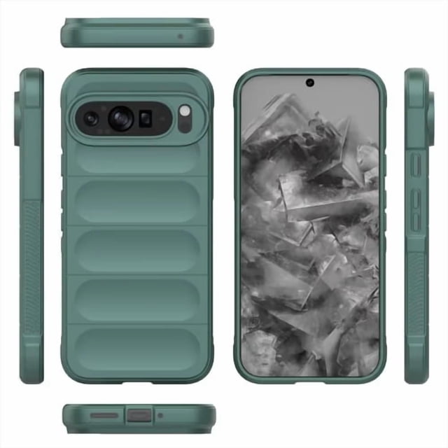 Color Liquid Silicone Matte Phone Case for Google Pixel 9 in green, featuring a soft-touch silicone material with a matte finish. The case includes raised edges for screen and camera protection, precise cutouts for ports and buttons, and a shockproof design with a dual-layer construction of hard PC back and soft TPU border. The slim, pocket-friendly design supports wireless charging and is compatible exclusively with Google Pixel 9. Shown in a multi-angle view highlighting its textured grip and protective features.