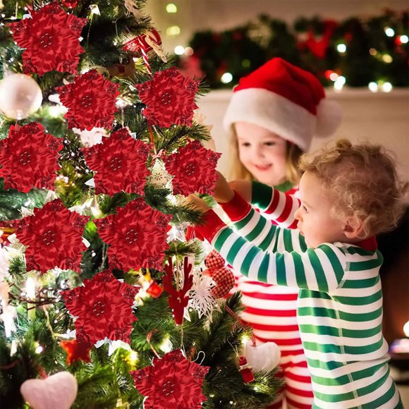 Artificial Christmas Flowers with for Tree Wreath Decorations Glitter Silk Poinsettia Picks for Parties, Year,Weddings,Home Festive Ornaments Red,Gold,White (10.63 Inch)