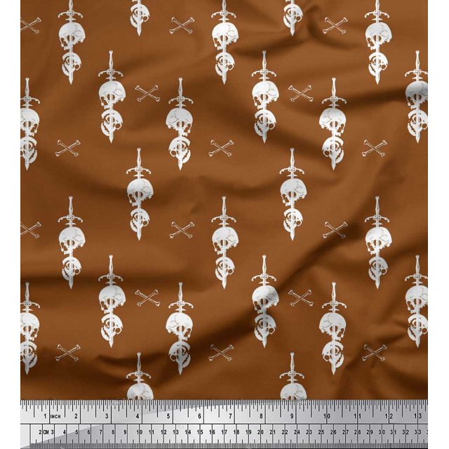 Soimoi Poly Georgette Fabric Sword,Crossbone & Skull Halloween Print Sewing Fabric Yard 52 Inch Wide