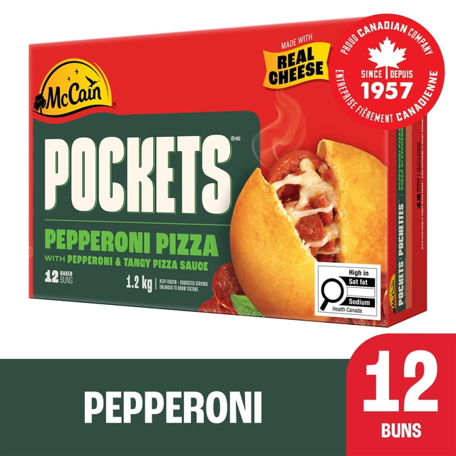 McCain® Pizza Pockets® Pepperoni 12-pack box weighing 1.2 kg, showing baked pockets with golden crust filled with real mozzarella cheese, pepperoni, and tangy pizza sauce, made in Canada by a proud Canadian company since 1957, ideal for quick oven or microwave cooking.