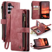 CaseMe Case for Samsung Galaxy S25 Wallet Case for Women Men, Fashion Durable PU Leather Magnetic Flip Lanyard Strap Wristlet Zipper Card Holder Wallet Phone Case for Samsung Galaxy S25 6.2-inch,Red